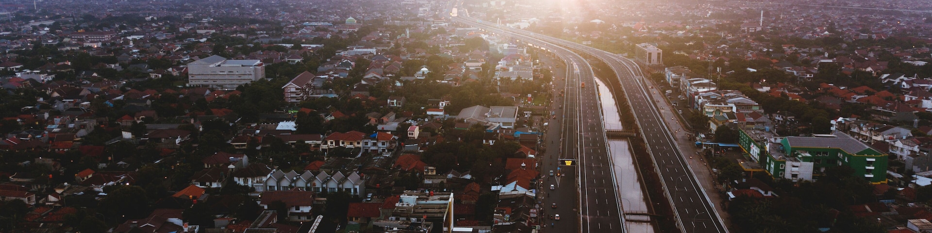 Beautiful aerial sunset view of Becakayu Toll way in East Jakarta