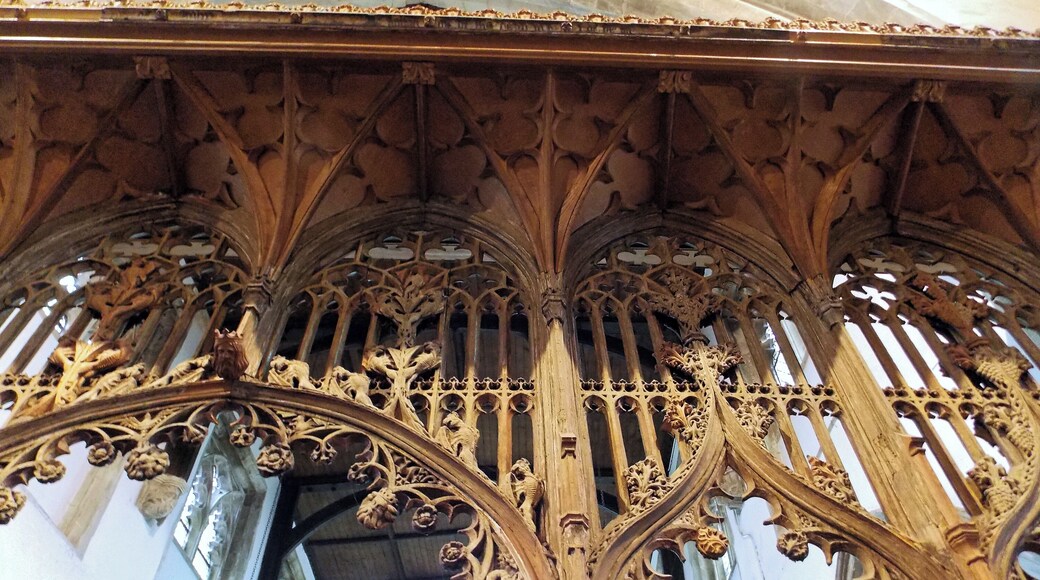 The early 15th-century oak Perpendicular chancel arch rood screen, with ogee arches, crocketed multifoils and fan vaulted canopy, of St John the Baptist's Church, Finchingfield, Essex, England. Software: files lens-corrected and optimized with DxO OpticsPro 10 Elite, and further optimized with Adobe Photoshop CS2.