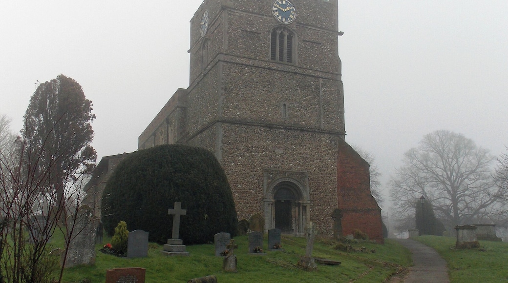 A view on a misty day from the north-west of St John the Baptist's Church, Finchingfield, Essex, England. Software: file lens-corrected and optimized with DxO OpticsPro 10 Elite, and further optimized with Adobe Photoshop CS2.