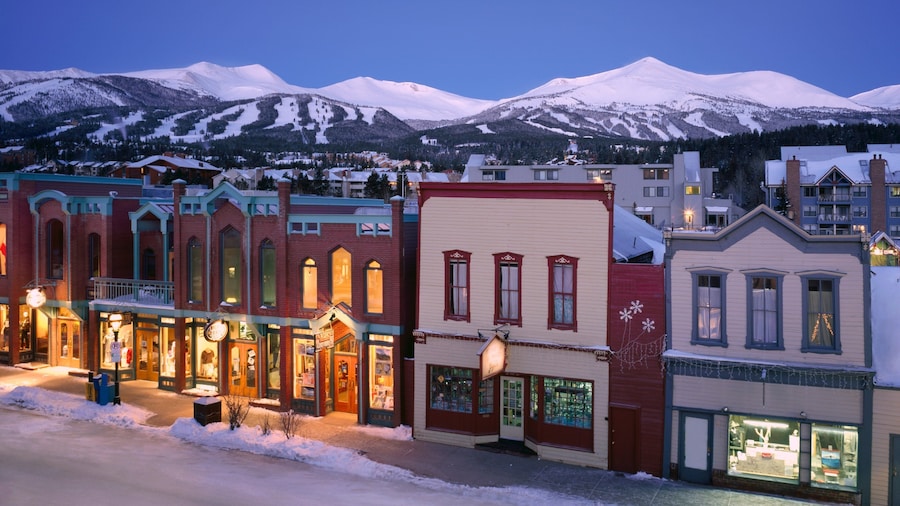 Breckenridge featuring night scenes, snow and a small town or village