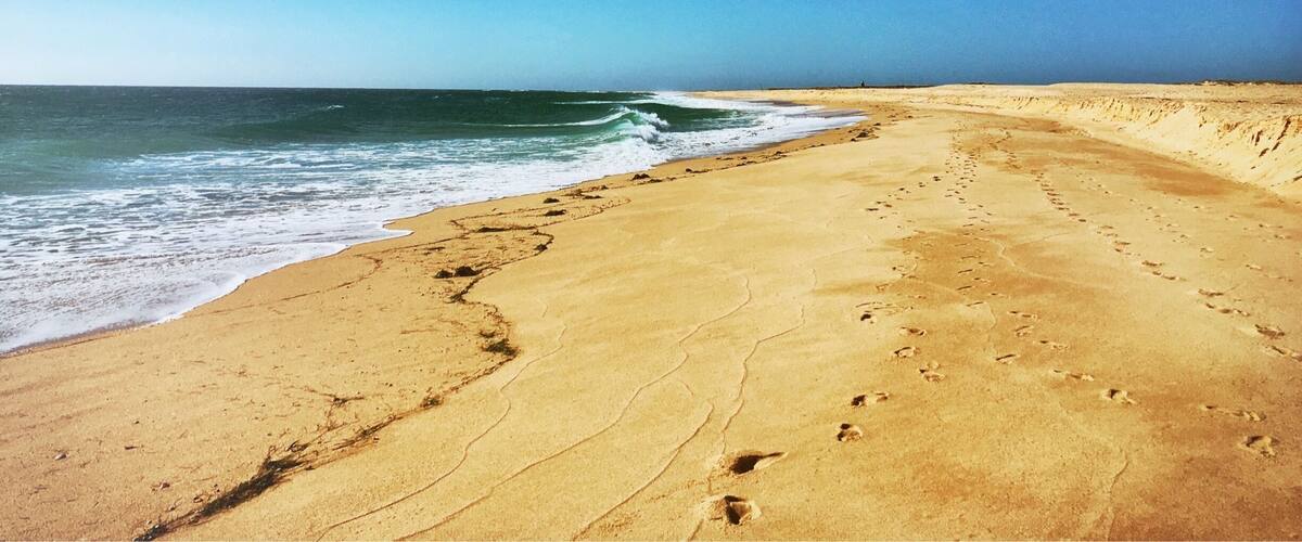 Footprints in the sand. What a beautiful beach.