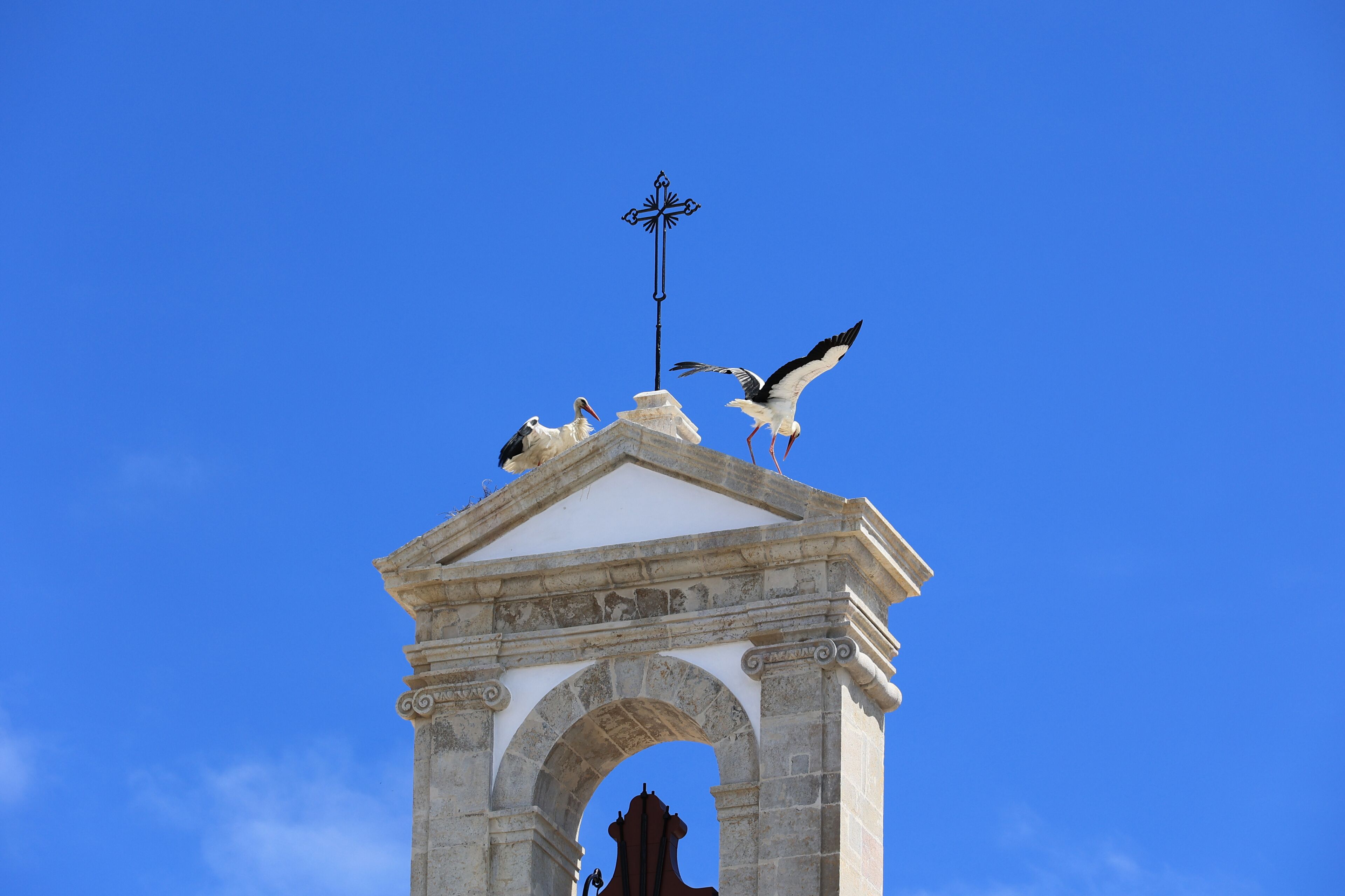 A stone archway with a weather vane on top and birds flying around it.