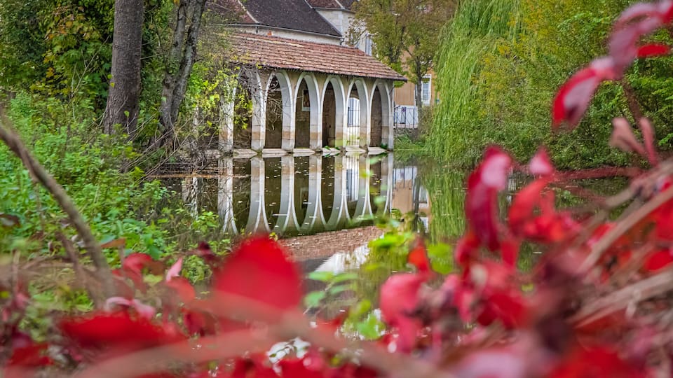 A historic building with a tiled roof, surrounded by lush greenery and a reflective pond.