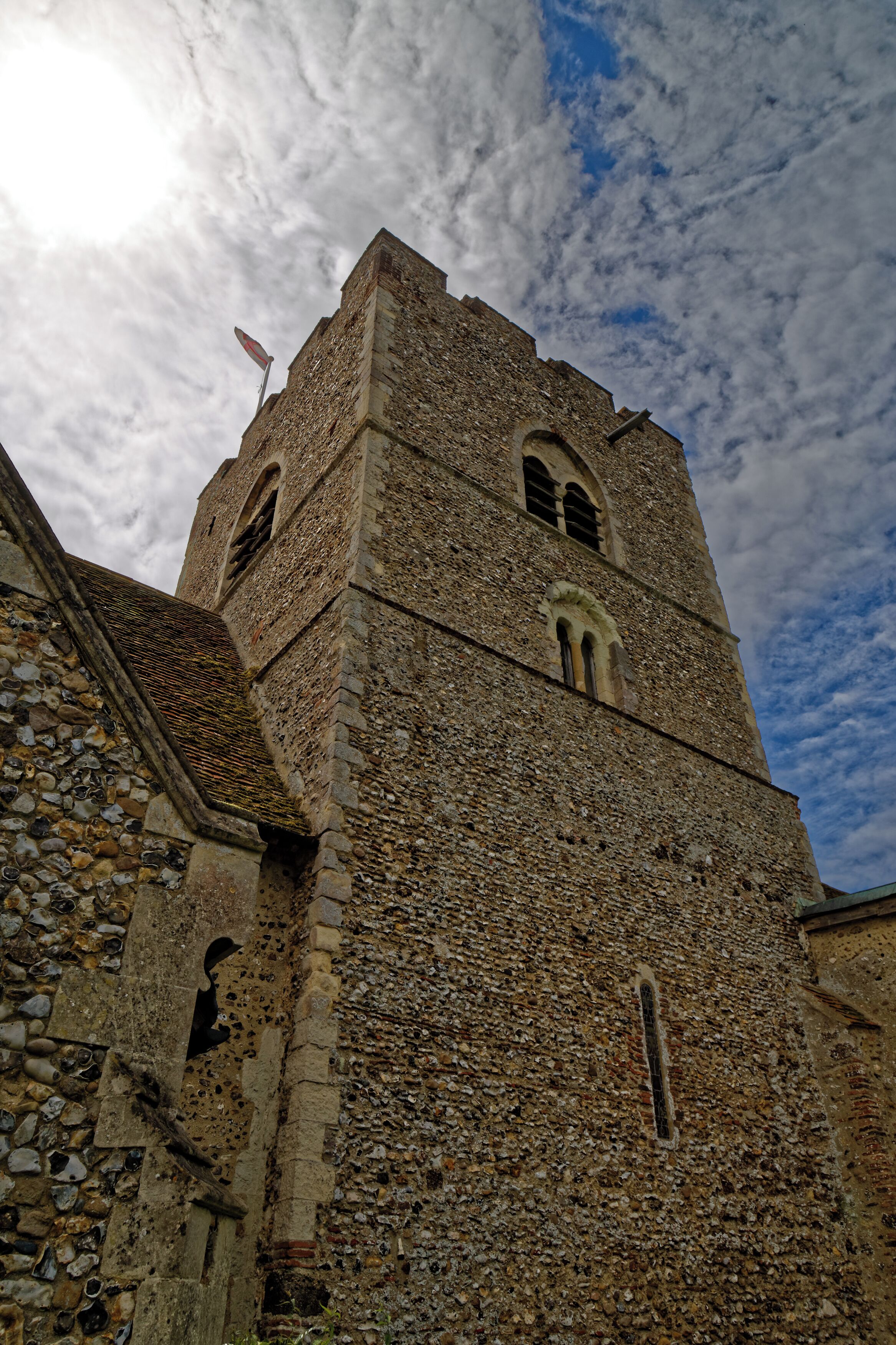 The tower, from the north-east, of the Grade I listed 11th- to 15th-century Parish Church of St Andrew's,in Boreham village, Essex, England. Camera: Canon EOS 6D with Canon EF 24-105mm F4L IS USM lens. Software: RAW file lens-corrected, optimized and converted with DxO OpticsPro 11 Elite, and further optimized with Adobe Photoshop CS2.