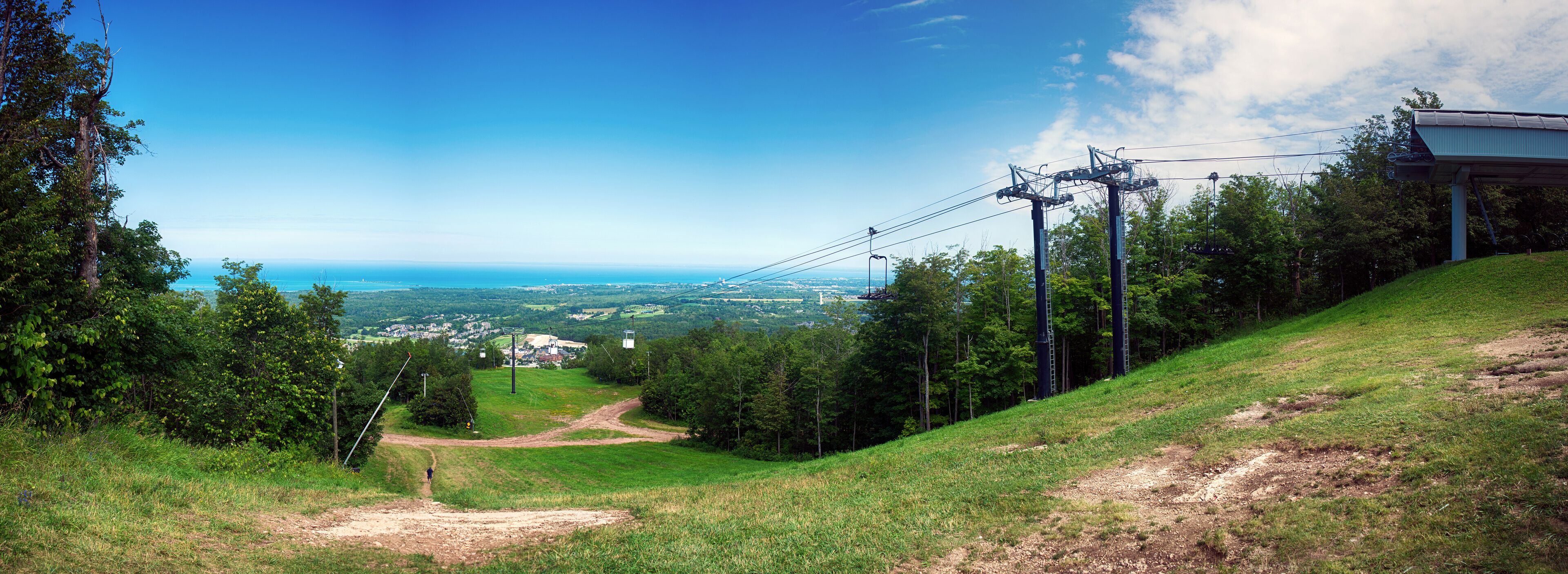 Paroramic view above Blue Mountain Ski Resort with a chairlift in Collingwood, Ontario