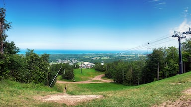 A scenic view of a hilly landscape with a dirt path leading to a viewpoint overlooking a coastal town and the ocean.