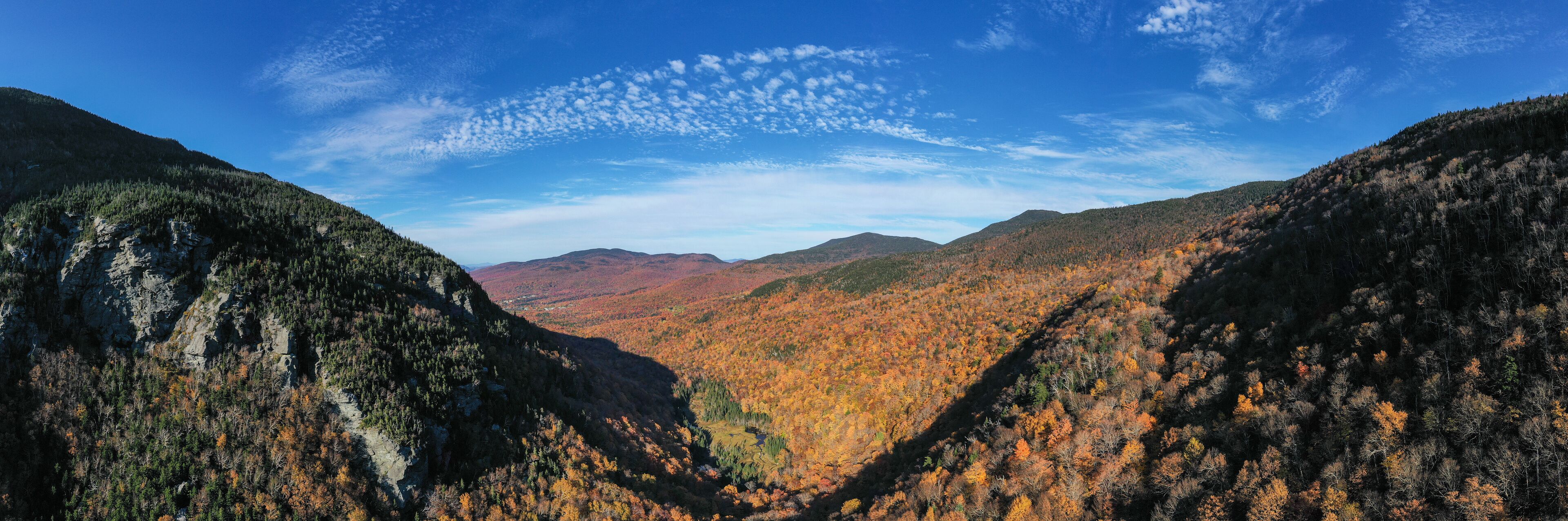 A canyon with autumn foliage and a clear blue sky.