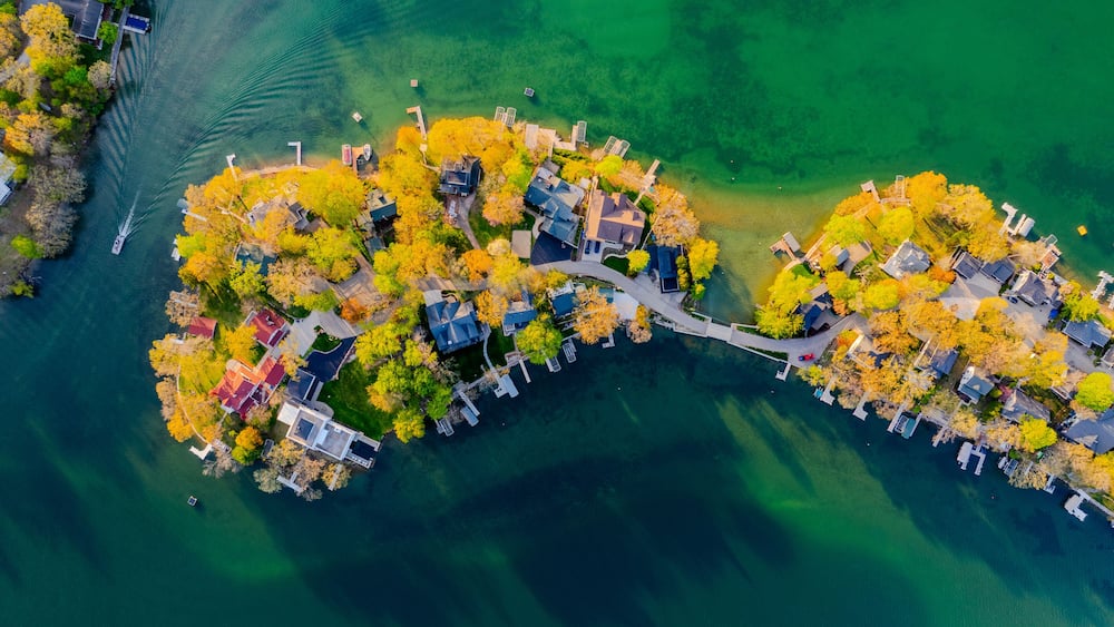 Aerial Top-Down View of Lauderdale Lakes, Elkhorn, Wisconsin – Scenic Chain of Lakes Landscape in Summer