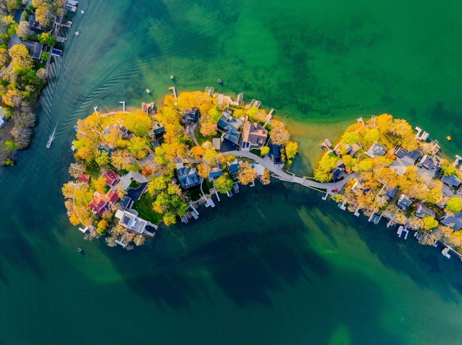 Aerial Top-Down View of Lauderdale Lakes, Elkhorn, Wisconsin – Scenic Chain of Lakes Landscape in Summer