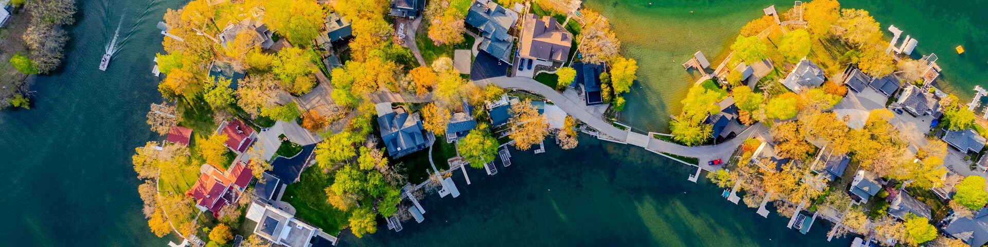 Aerial Top-Down View of Lauderdale Lakes, Elkhorn, Wisconsin – Scenic Chain of Lakes Landscape in Summer