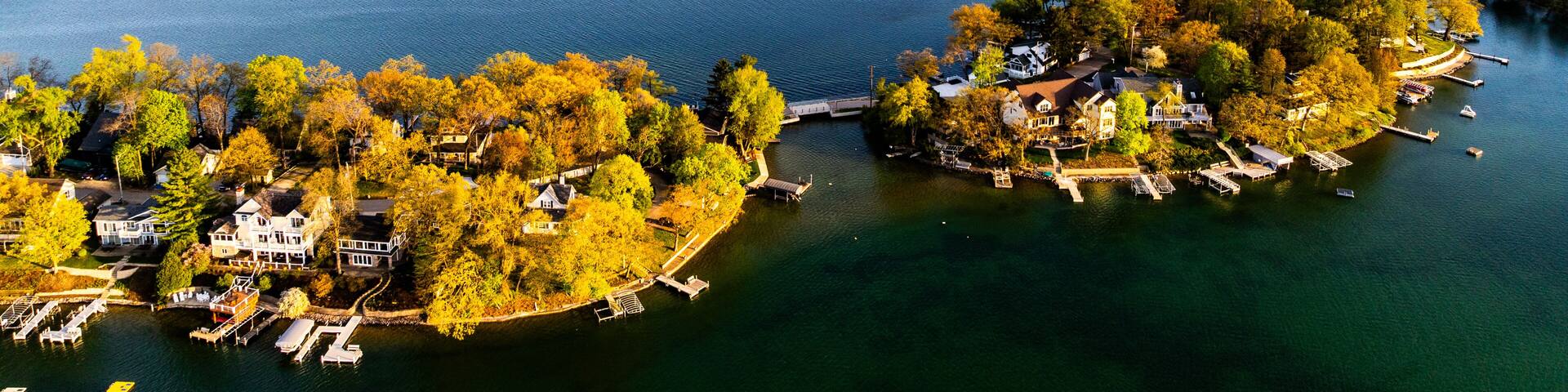 Aerial Panoramic View of Lauderdale Lakes in Elkhorn, Wisconsin at Sunset