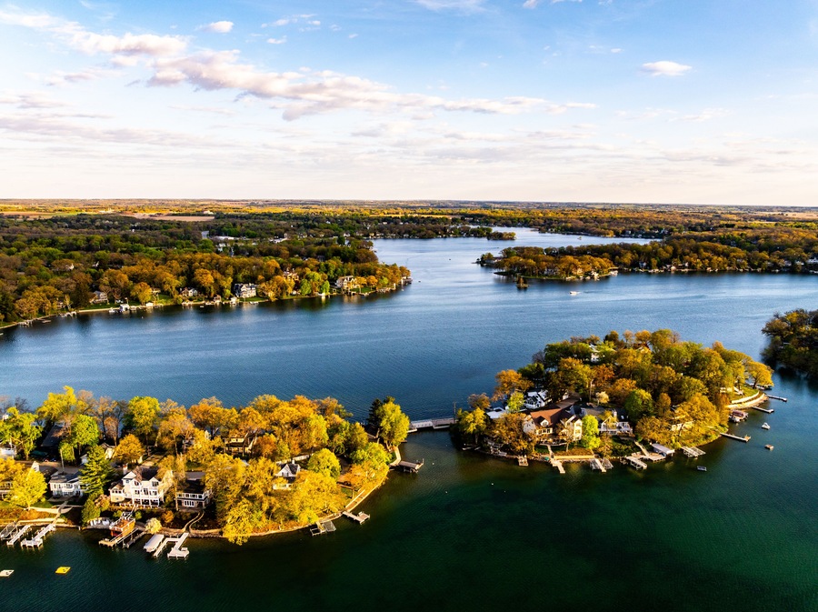 Aerial Panoramic View of Lauderdale Lakes in Elkhorn, Wisconsin at Sunset