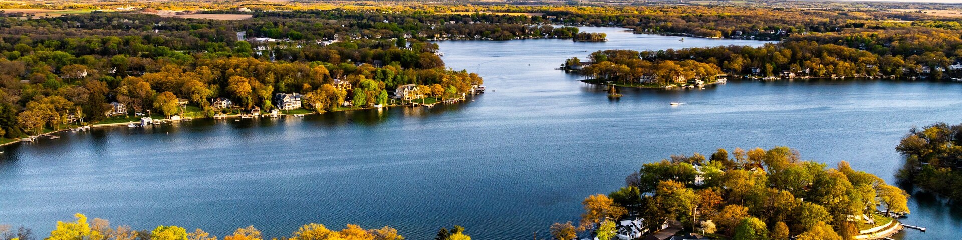 Aerial Panoramic View of Lauderdale Lakes in Elkhorn, Wisconsin at Sunset