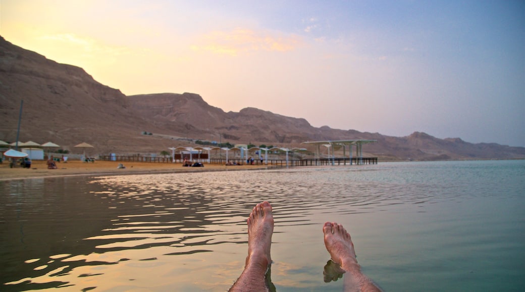 Ein Bokek showing a sunset, a sandy beach and swimming