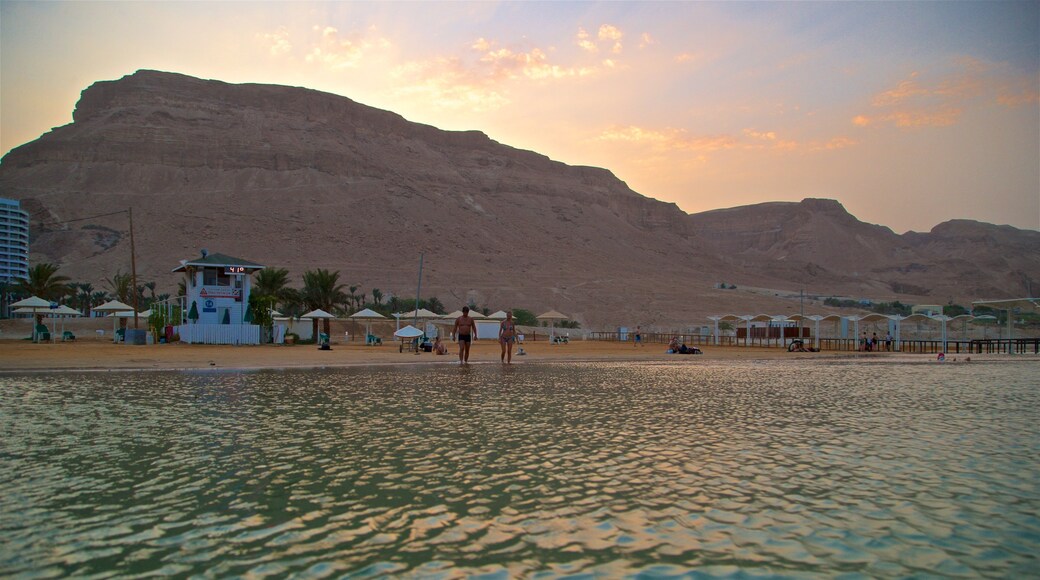 Ein Bokek which includes a sunset, general coastal views and a sandy beach