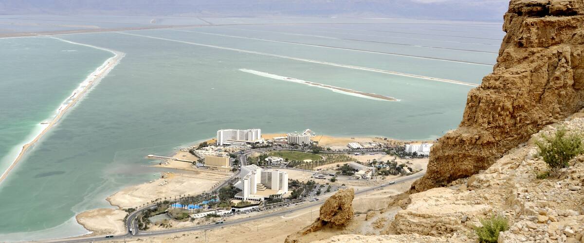 Aerial view of Dead sea resort hotels in Israel.