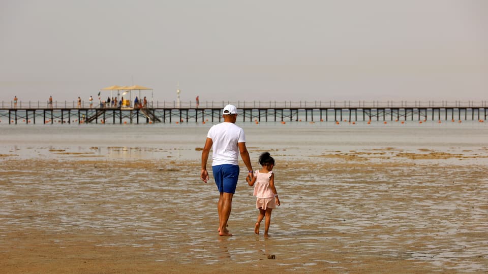 A beach with a pier extending into the water, people walking along the shore, and a child holding an adult's hand.