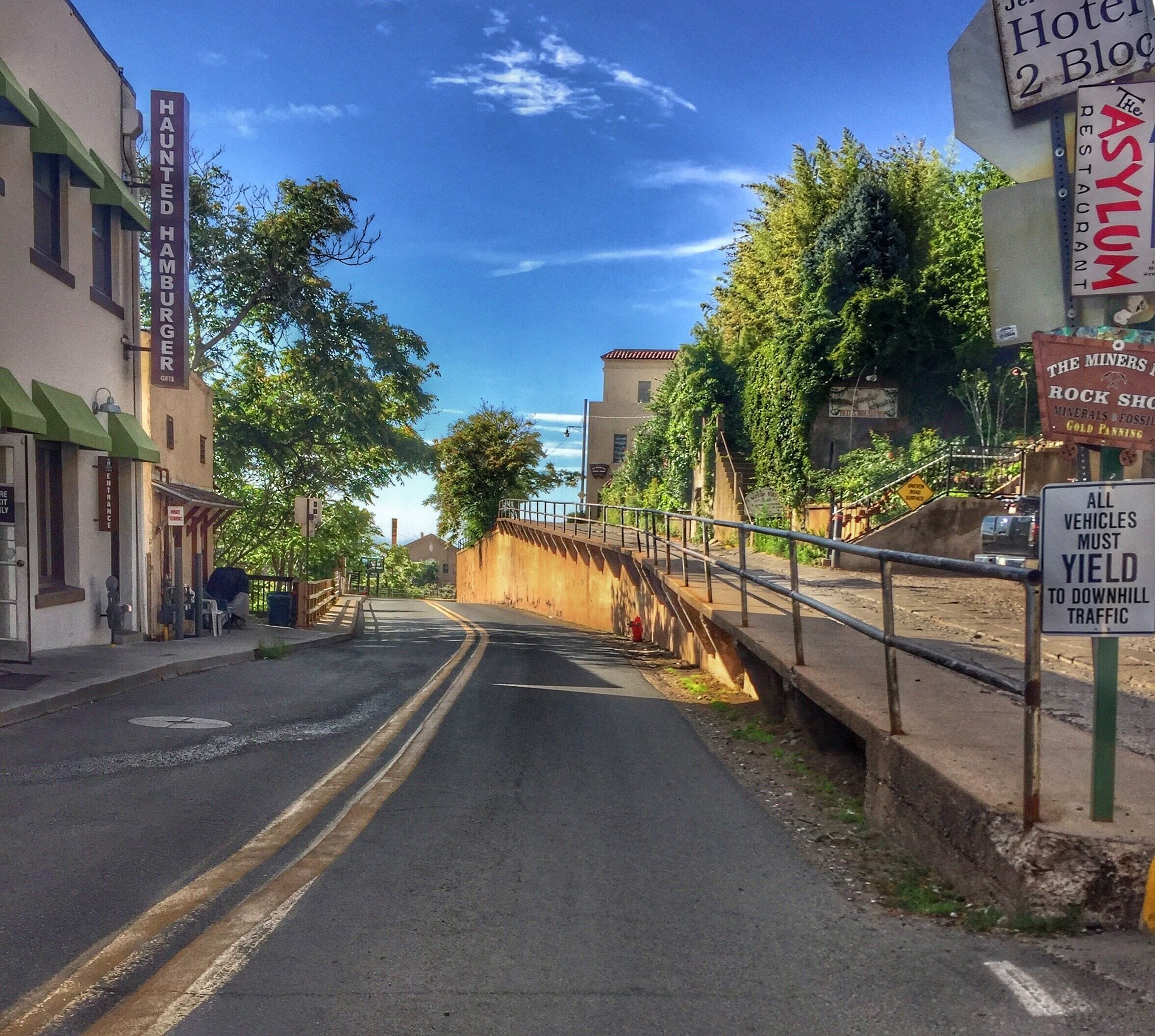A street with buildings, a sign for 'The Asylum Restaurant', and a 'Yield to Downhill Traffic' sign.