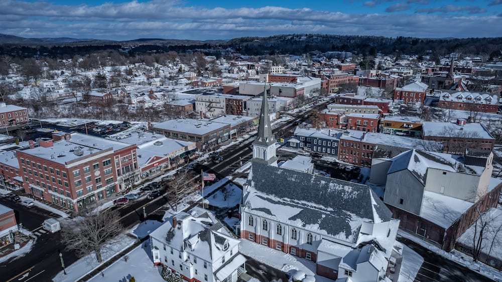 Aerial view of Greenfield, Massachusetts in winter