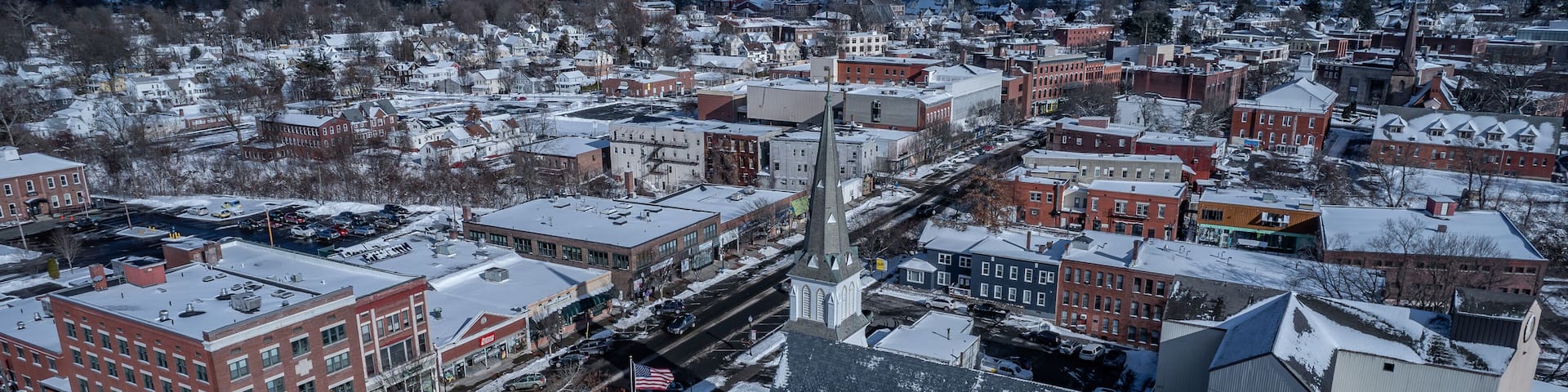 Aerial view of Greenfield, Massachusetts in winter