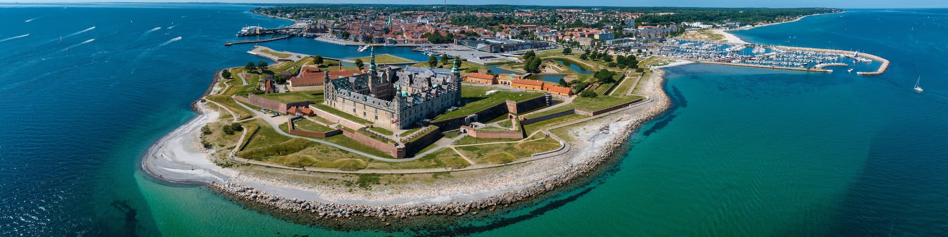 Aerial view of Kronborg castle with ramparts, ravelin guarding the entrance to the Baltic Sea and the Oresund in Helsingor Denmark