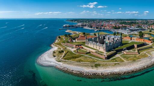 Aerial view of Kronborg castle with ramparts, ravelin guarding the entrance to the Baltic Sea and the Oresund in Helsingor Denmark