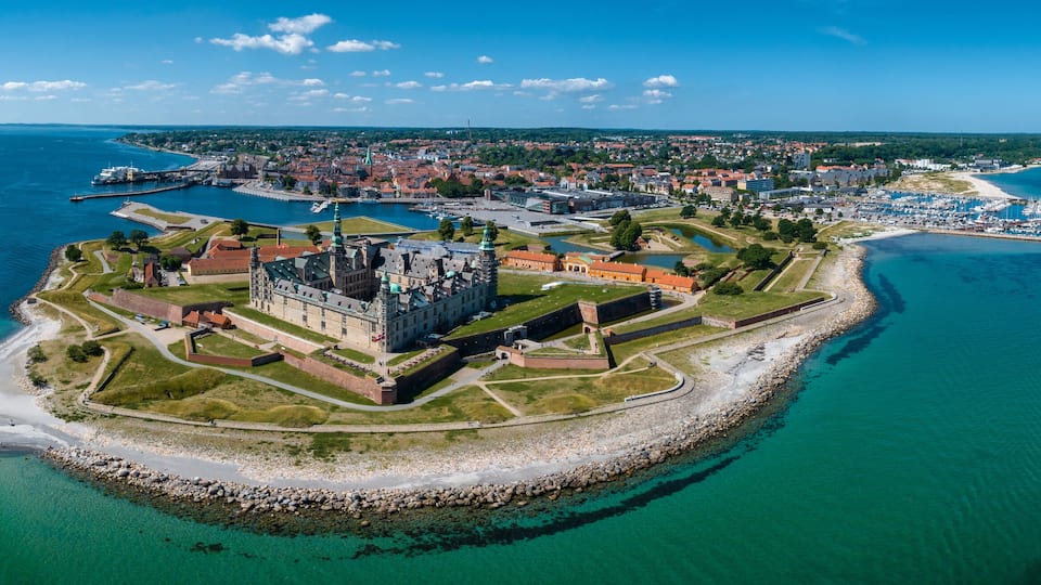 Aerial view of Kronborg castle with ramparts, ravelin guarding the entrance to the Baltic Sea and the Oresund in Helsingor Denmark