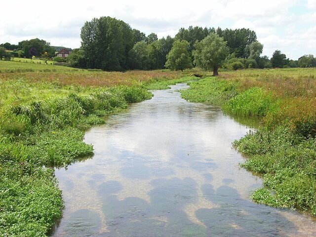 The River Lambourn The water level this summer is much greater than it was last summer as shown in the other picture of the river for this square. This is the view from the little bridge shown in that other picture. River Mead is the house in the background.