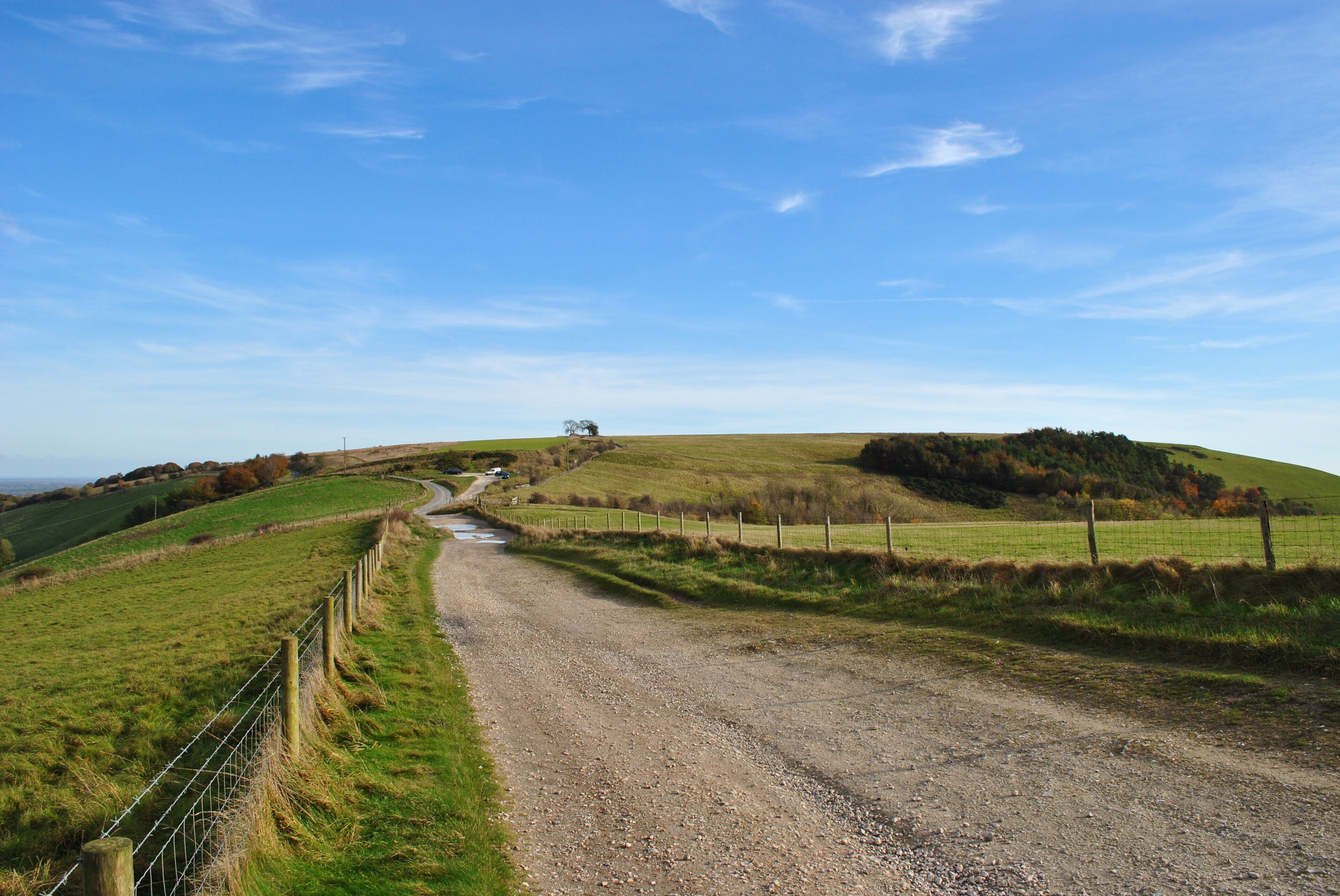 A rural dirt road winding through green fields with a fence on one side and a hill in the distance.
