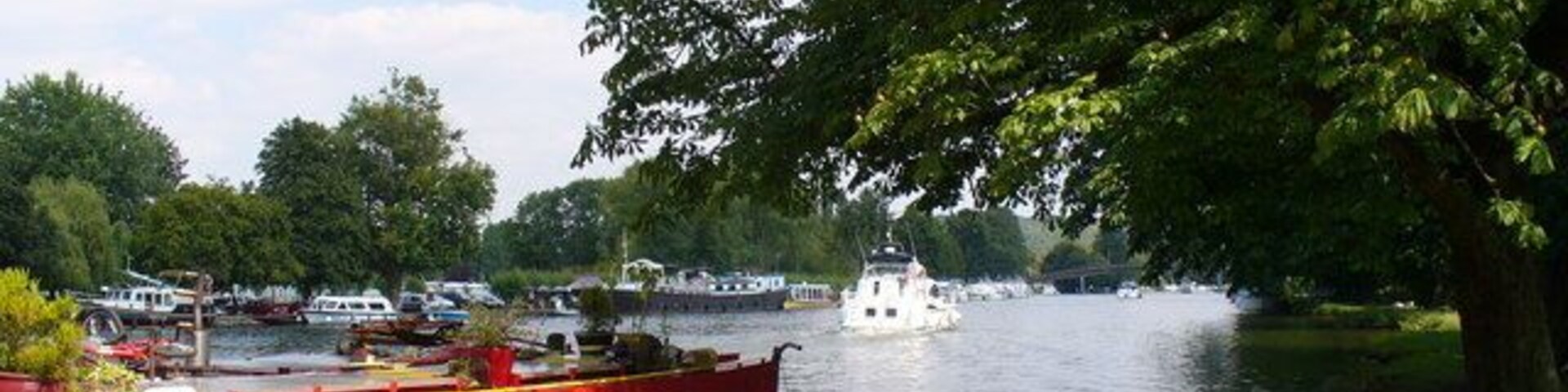 Un río con barcos, un muelle rojo y un árbol grande.