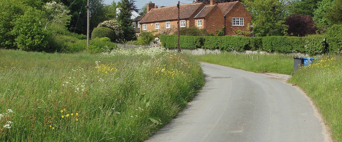 A narrow rural road curving through a green landscape with a brick house and lush vegetation.