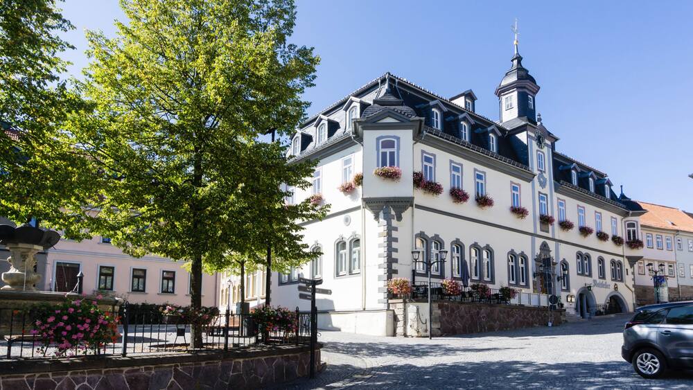 Un bâtiment historique à l’architecture riche et ornée, une rue pavée et un trottoir bordé d’arbres.