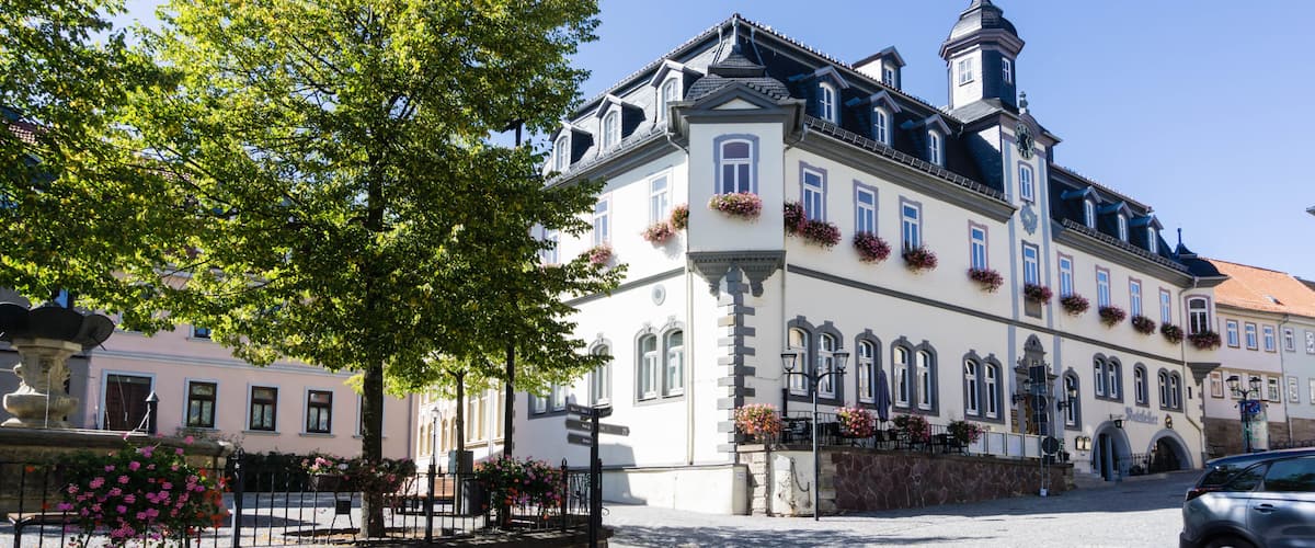 A historic building with ornate architecture, a cobblestone street, and a tree-lined sidewalk.