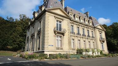 A large, historic building with ornate architecture, surrounded by lush greenery and a clear blue sky.