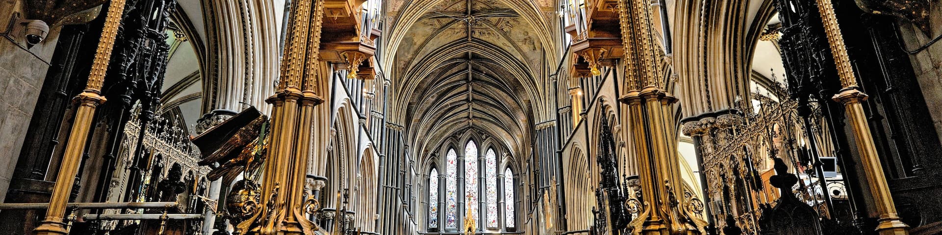Worcester Cathedral, England. Looking east through the Rood screen and Choir to the High Altar