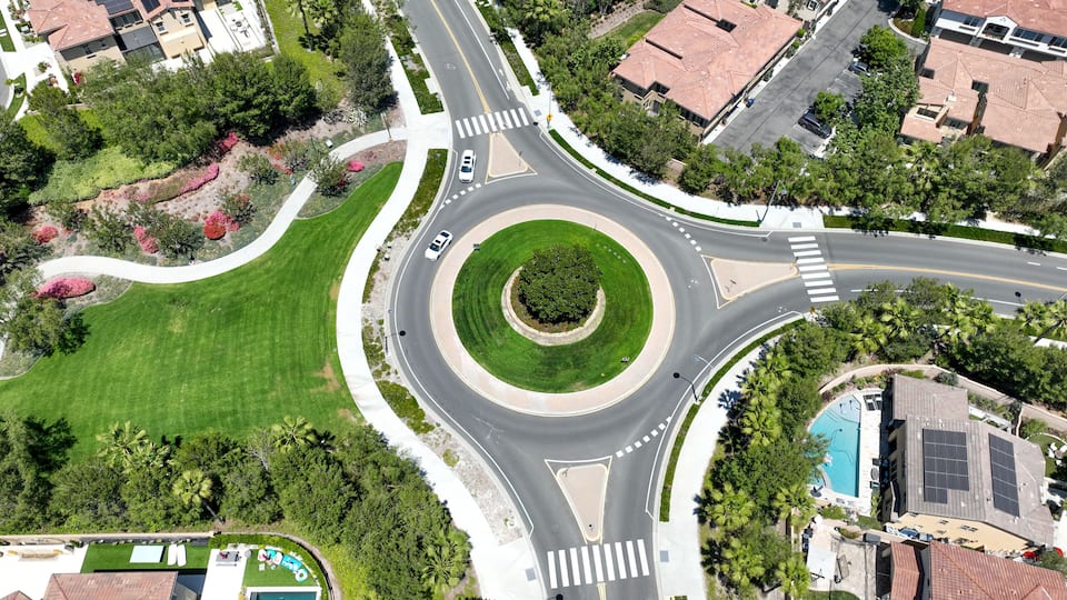 Aerial view of middle class community identical condominium houses, Lake Forest, South California, USA.