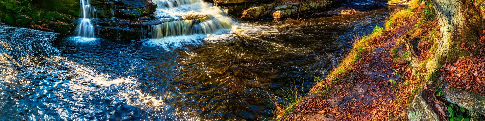 Shohola Falls panorama in the Poconos, Pennsylvania. Shohola Creek is a tributary of the Delaware River in the Poconos of eastern Pennsylvania in the United States