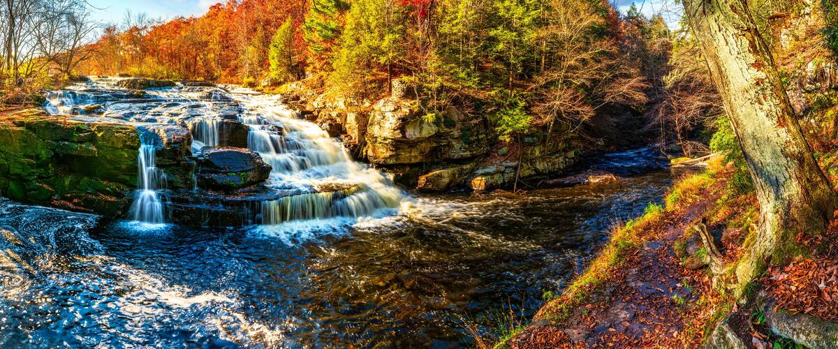 Shohola Falls panorama in the Poconos, Pennsylvania. Shohola Creek is a tributary of the Delaware River in the Poconos of eastern Pennsylvania in the United States