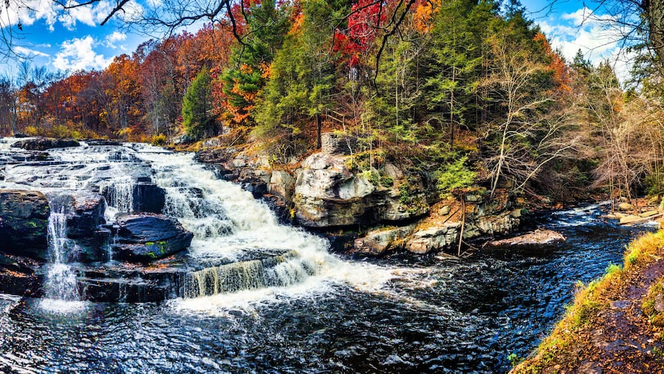 Shohola Falls panorama in the Poconos, Pennsylvania. Shohola Creek is a tributary of the Delaware River in the Poconos of eastern Pennsylvania in the United States