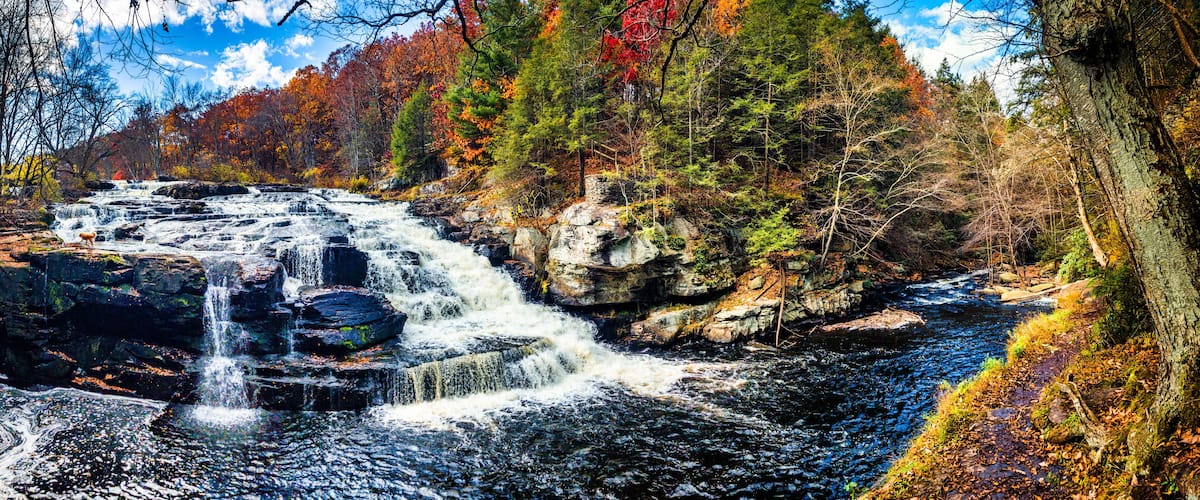 Shohola Falls panorama in the Poconos, Pennsylvania. Shohola Creek is a tributary of the Delaware River in the Poconos of eastern Pennsylvania in the United States