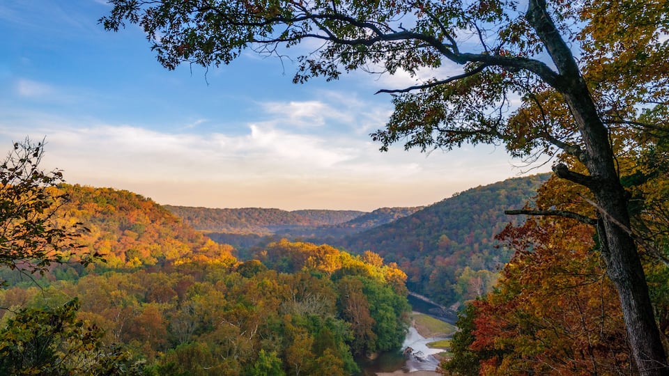 A valley with a river, surrounded by autumn-colored trees and hills.