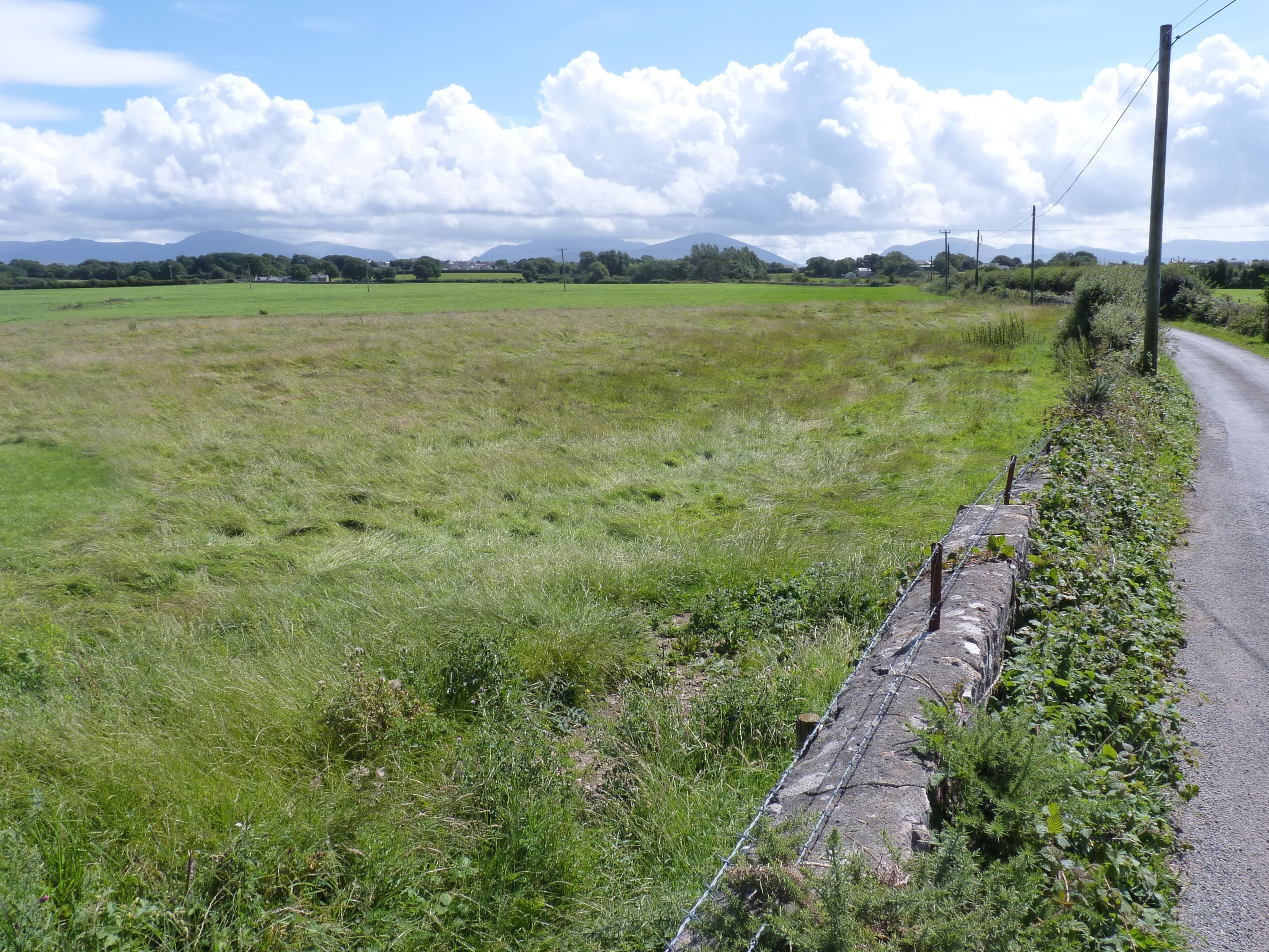A rural road with a stone wall on one side and a grassy field on the other.