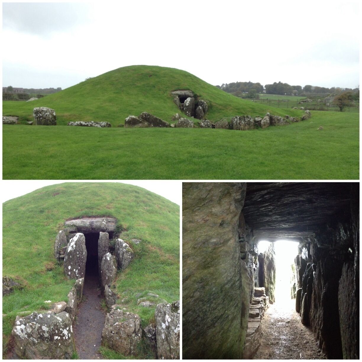A grassy mound with a stone structure, a stone entrance, and a stone tunnel.