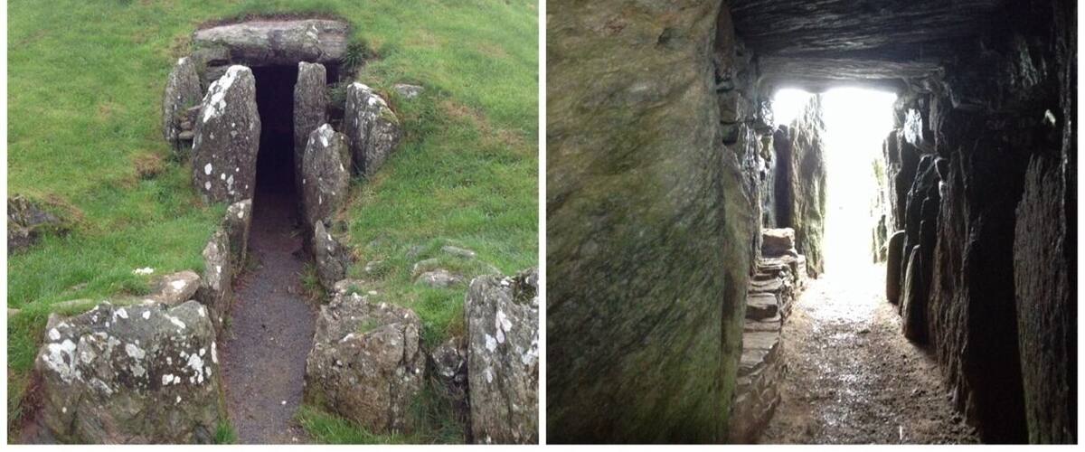 A grassy mound with a stone structure, a stone entrance, and a stone tunnel.