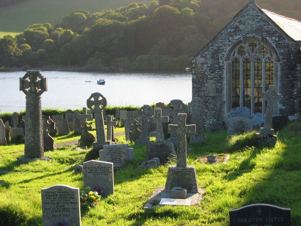 A cemetery with gravestones, a church, and a body of water in the background.