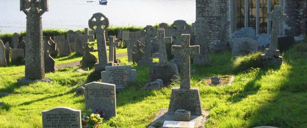 A cemetery with gravestones, a church, and a body of water in the background.