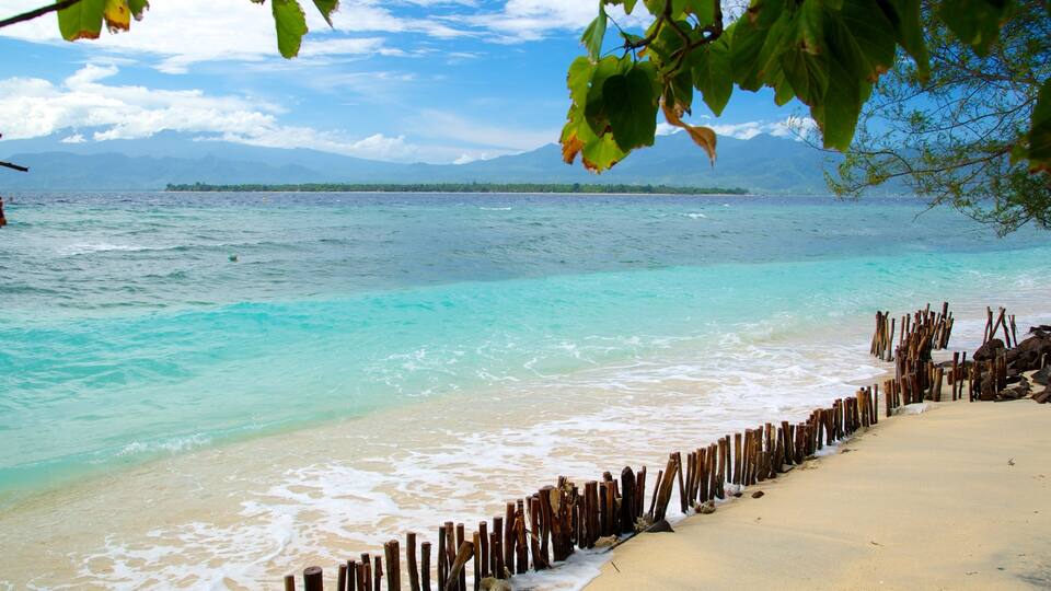 A beach with clear turquoise water, a sandy shore, and a distant island.