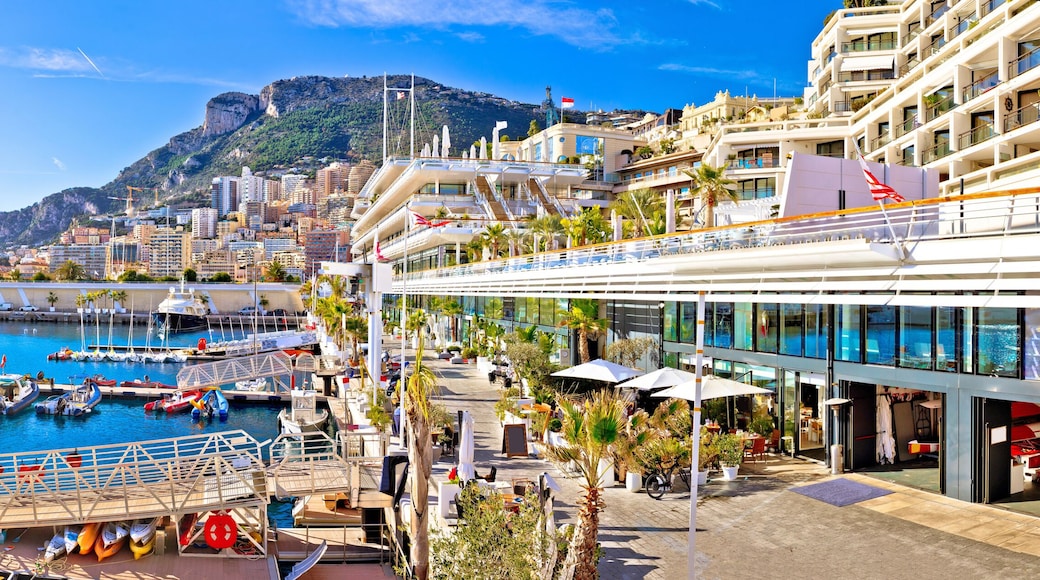 Una marina con yacht, uno sfondo montuoso e un edificio moderno con balconi.