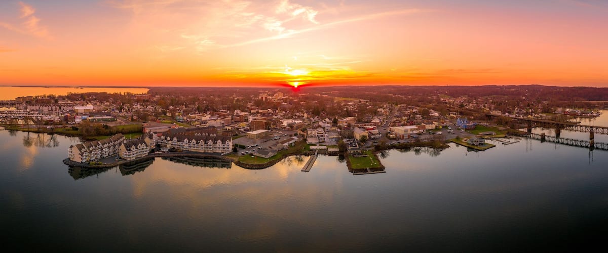 Aerial sunset panorama of Havre De Grace Harford County, Maryland, United States, situated at the mouth of the Susquehanna River and the head of Chesapeake Bay one of the best American small towns