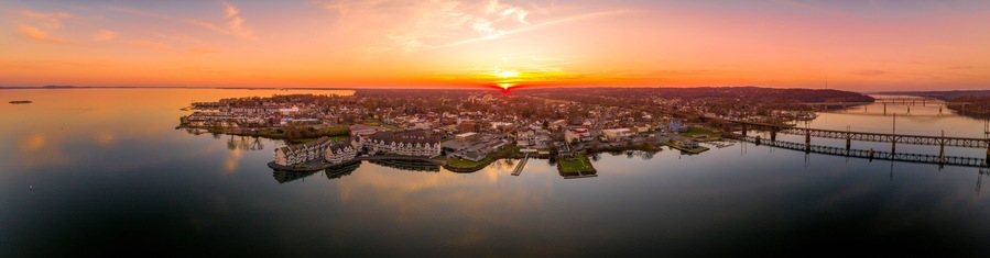 Aerial sunset panorama of Havre De Grace Harford County, Maryland, United States, situated at the mouth of the Susquehanna River and the head of Chesapeake Bay one of the best American small towns